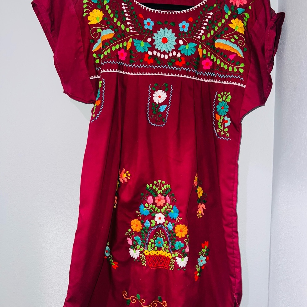 Floral Embroidered Kids Dress - Red